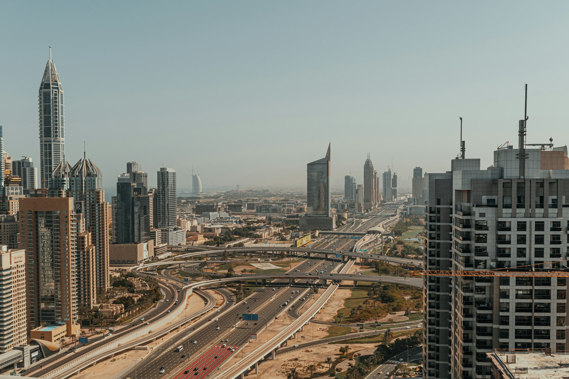 An aerial view of a city with high rise buildings